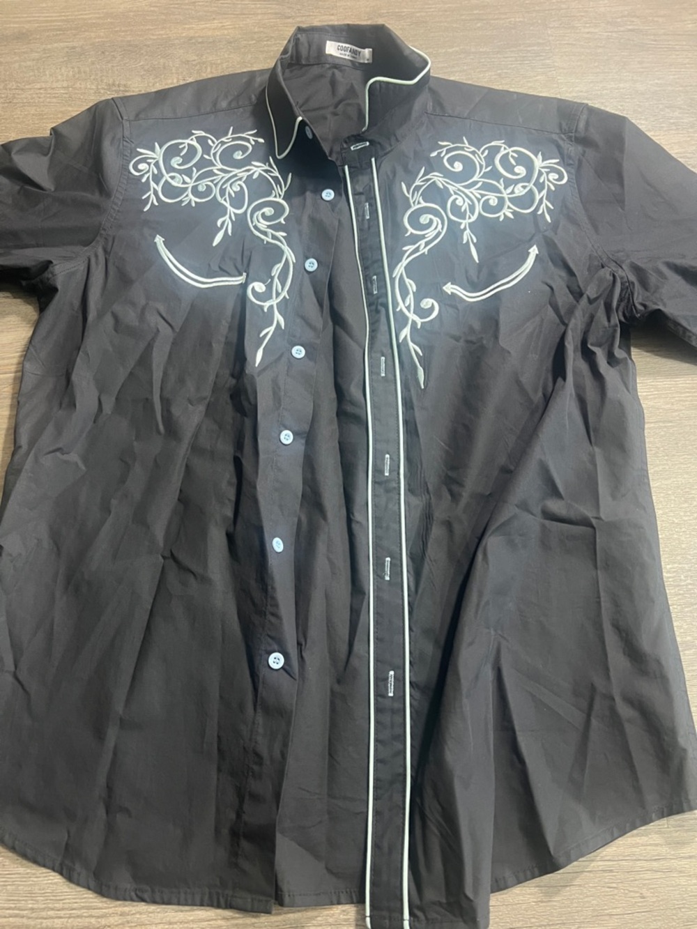 Men's Black Button-Down Shirt with White Embroidered Scrollwork